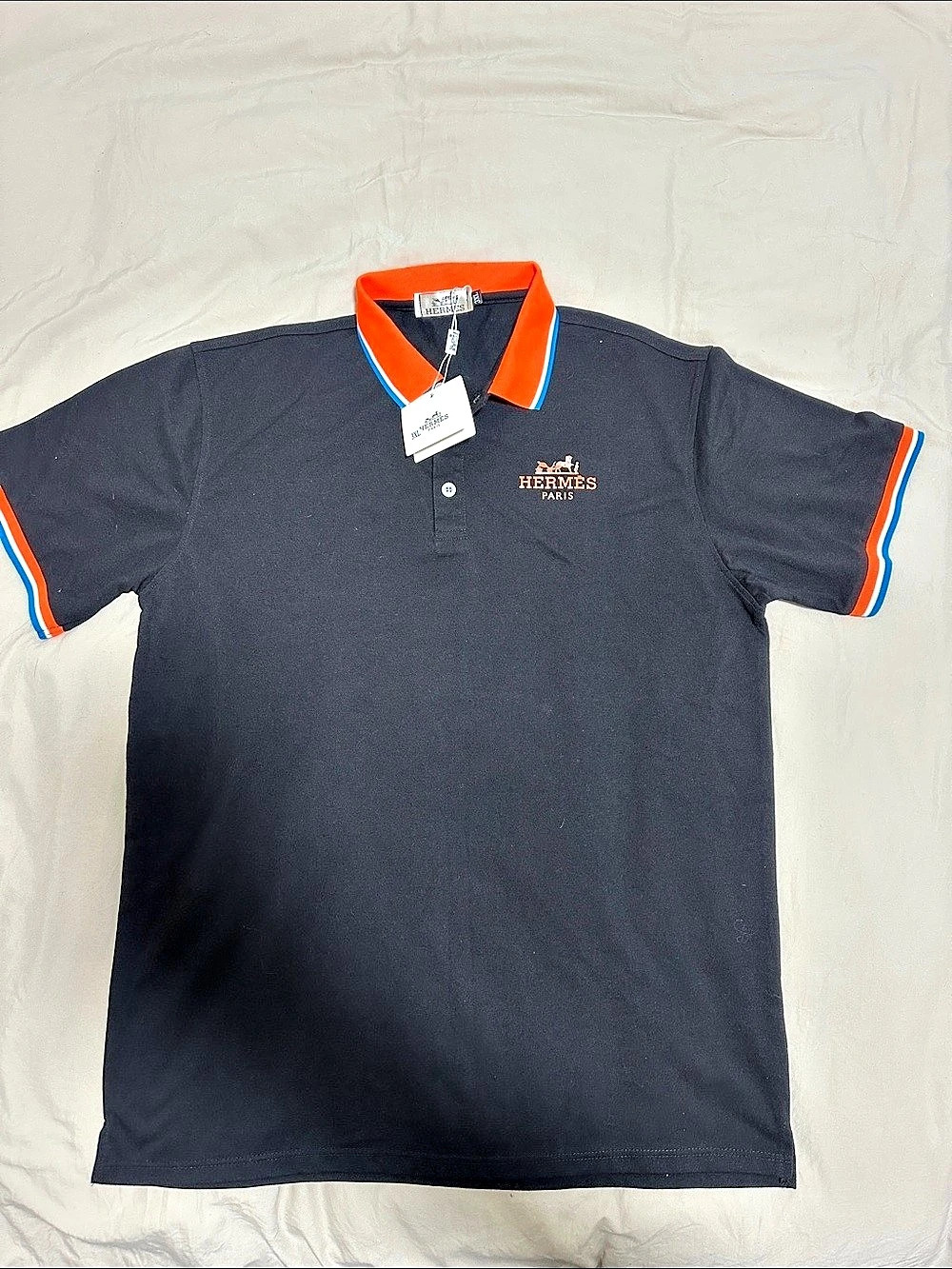 Hermès Men's Color Block Polo Black & Orange Size 3XL